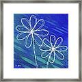 White Abstract Flowers On Blue And Green Framed Print