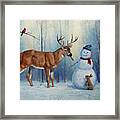 Whitetail Deer And Snowman - Whose Carrot? Framed Print
