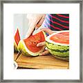 Woman's Hands Cutting Fresh Watermelon Framed Print