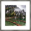 Wooden Boats On The Peaceful  Lake. Lago Di Braies, Italy Framed Print