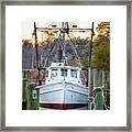 Wooden Trawler In Harbor At Harkers Island Nc Framed Print
