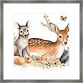 Woodland Realistic Cute Baby Deer, Squirrel, Butterfly. Scandinavian Watercolor Forest Nursery Poster Hand Drawn Animals Framed Print