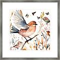 Woodland Watercolor Cute Animals Bird. Scandinavian Birds Forest Framed Print