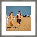 Young American Couple Traveling, Relaxing On The Beach In New Je Framed Print