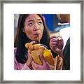 Young Couple Enjoying Egg Waffles And Bubble Tea Outdoors At Night Framed Print