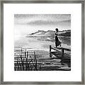 Young Woman At The Pier Watching Lake Sunset Watercolor In Gray Framed Print