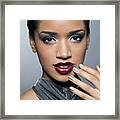 Young Woman With Red Lips And Silver Nail Polish. Framed Print