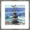 Zen Rocks Cairn Meditative Tower And Sweet Pea Flower Watercolor Framed Print