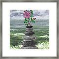 Zen Rocks Cairn Meditative Tower With Camellia Flower Watercolor Framed Print