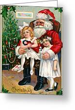 Vintage Christmas Card Depicting Two Victorian Girls with Santa Claus ...