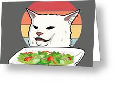 Angry women yelling at confused cat at dinner table meme for