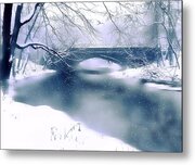 Snowy Bridge Over A Frozen River Metal Print