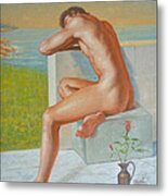 Original Classic Oil Painting Man Body Art  Male Nude And Vase #16-2-4-09 Metal Print