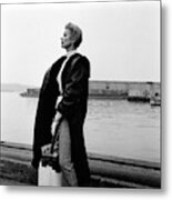 A Model Standing On A Dock In A Leather Coat #1 Metal Print