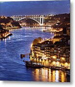 City Of Porto By Douro River At Night In Portugal #1 Metal Print