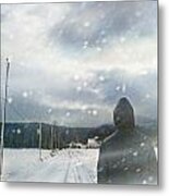 Closeup Of Man Walking On Snowy Winter Road #1 Metal Print