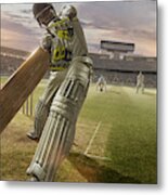 Cricket Batsman Hitting Ball During Cricket Match In Stadium #1 Metal Print