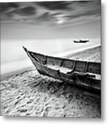 Fisherman Boat At Beach In Black And Metal Print