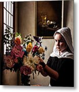 Girl Arranging A Flower Bouquet In A Glass Vase #1 Metal Print