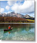 Man Canoeing On Lake, Jasper National Park, Canada #1 Metal Print