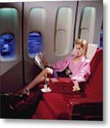 Model Wearing Pink Jacket On Airplane Metal Print