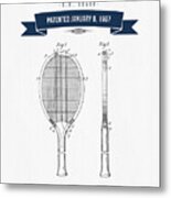 1907 Tennis Racket Patent Drawing - Retro Navy Blue Metal Print