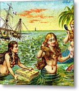 19th C. Mermaids At Ship Wreck Metal Print