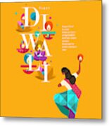 Happy Diwali. Indian Festival Of Lights. Vector Abstract Flat Illustration For The Holiday, Lights, Elephant, Indian Woman And Other Objects For Background Or Poster. #2 Metal Print