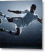 Soccer Player Kicking Ball In Stadium Metal Print