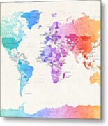 Watercolour Political Map Of The World Metal Print