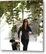A Female Running With Her Dog Metal Print