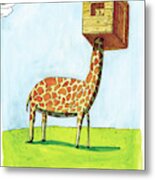 A Giraffe Has A Tree House Over His Head Metal Print