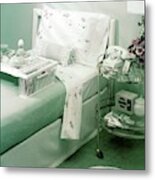 A Green Bedroom With A Breakfast Tray On The Bed Metal Print