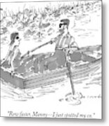 A Man And Woman On A Row Boat Pass By A Man Metal Print