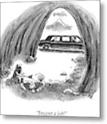 A Man In A Limousine Drives Away From A Caveman Metal Print