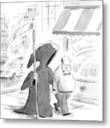 A Man Walks Down The Street With The Grim Reaper Metal Print
