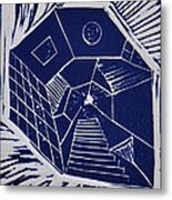 A New Dimension Blue Linocut Metal Print