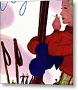 A Vogue Cover Of A Woman Holding Skis Smoking Metal Print