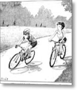A Woman Casually Riding A Bicycle Addresses A Man Metal Print
