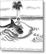 A Woman Is Seen On A Deserted Island With A Shark Metal Print