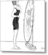 A Young Woman Stands Facing A Full-length Mirror Metal Print