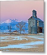 Abandon Grain Mill At Sunrise As The Moon Sets On The Mountains Metal Print