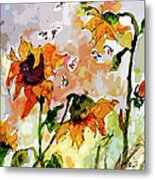 Abstract Sunflowers And Bees Provence Metal Print