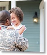 Adorable Little Girl Is Excited To See Army Dad Metal Print