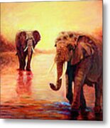 African Elephants At Sunset In The Serengeti Metal Print
