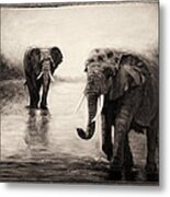 African Elephants At Sunset Metal Print