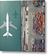 Airplane Flying Over Container Port Metal Print
