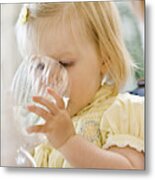 Baby Girl (9-12 Months) Drinking Water From Wineglass Metal Print