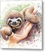 Baby Sloth Watercolor Metal Print