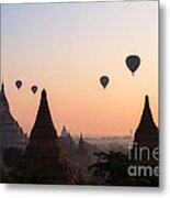 Ballons Over The Temples Of Bagan At Sunrise - Myanmar Metal Print